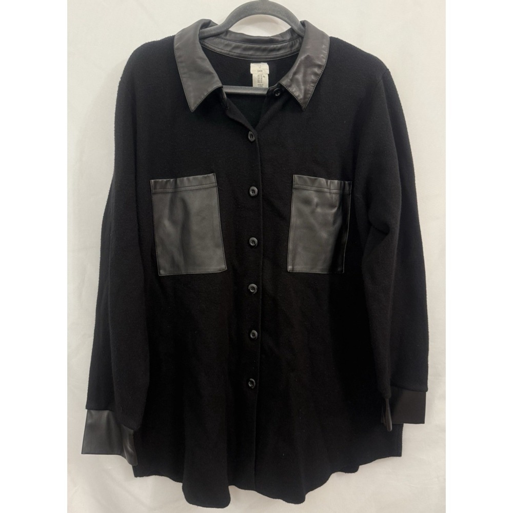 Joie Button Up Faux Leather Trim Black Shacket Top‎ Womens Size XL